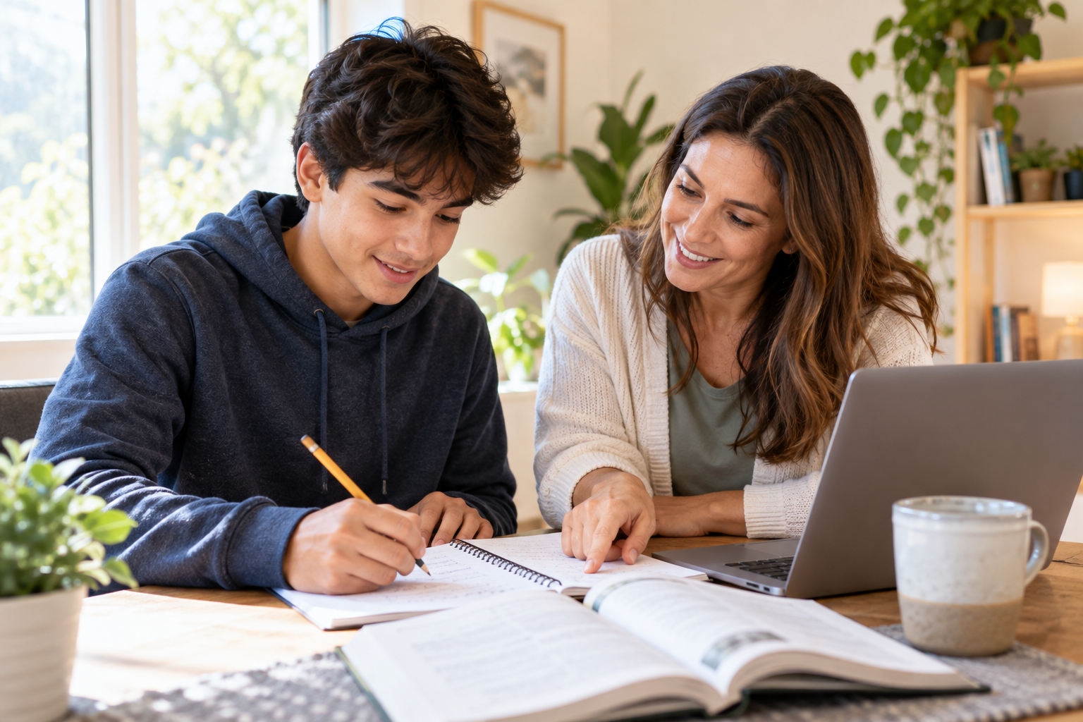 Una persona trabaja en una tarea académica uno a uno con una tutora en un escritorio
