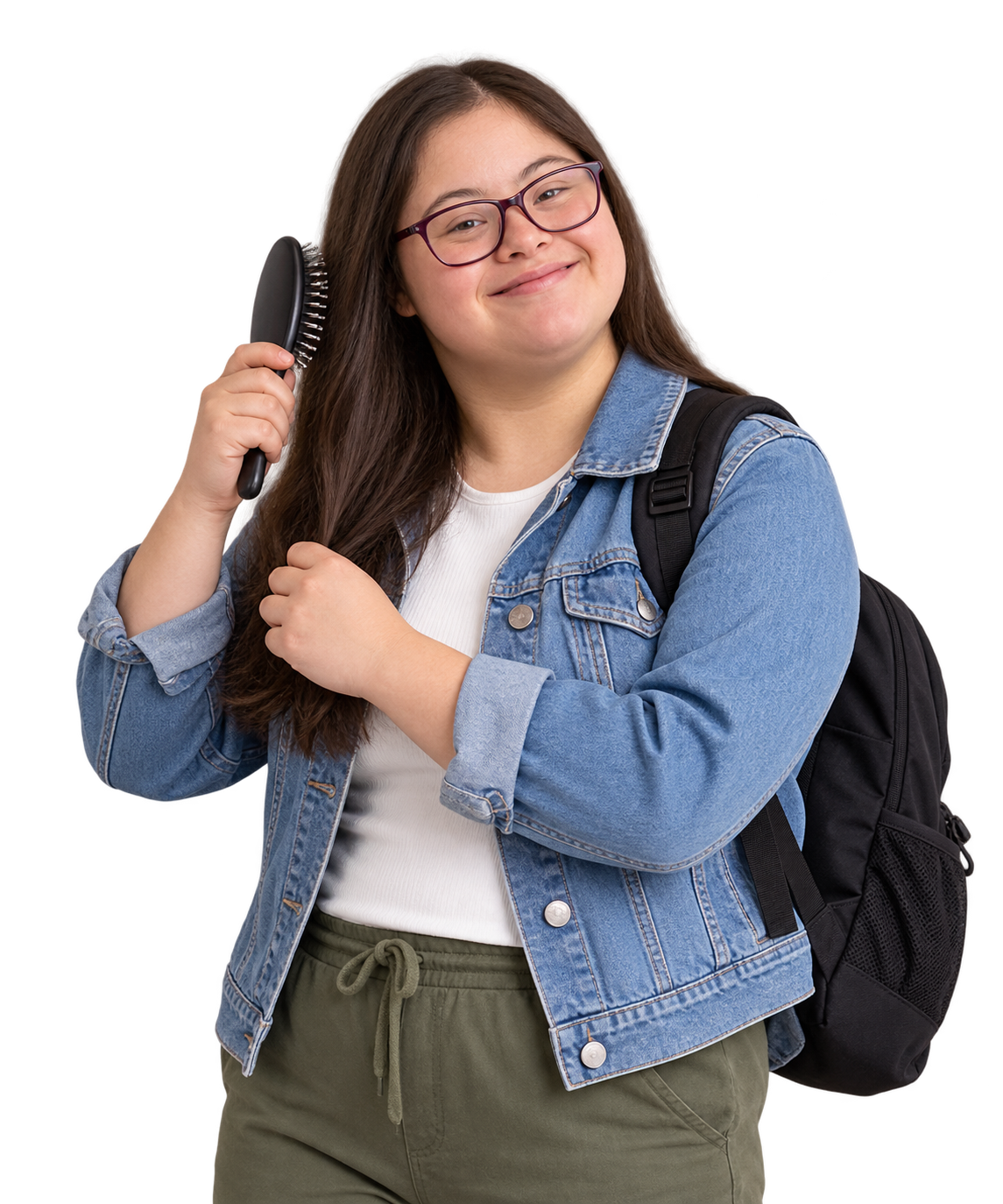 A learner practices brushing her hair