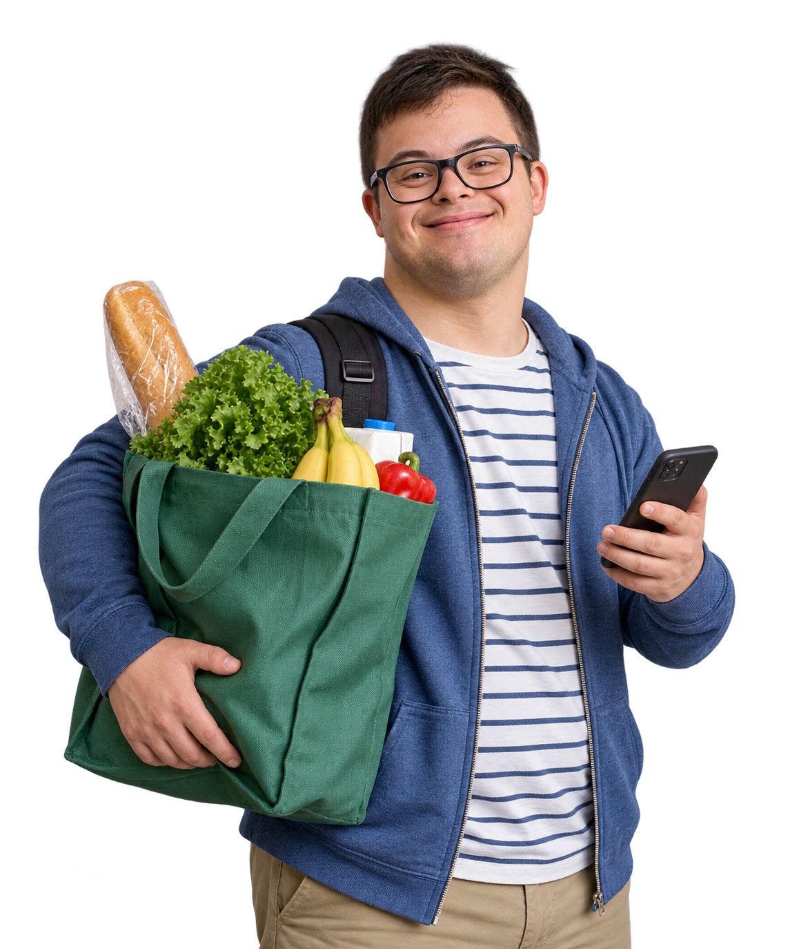 A learner holds a grocery bag and a smartphone