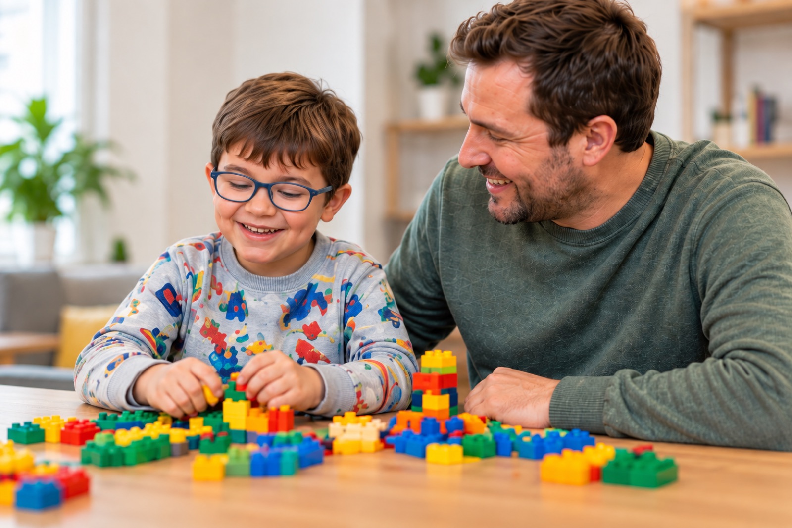 A child and instructor building with colorful blocks together